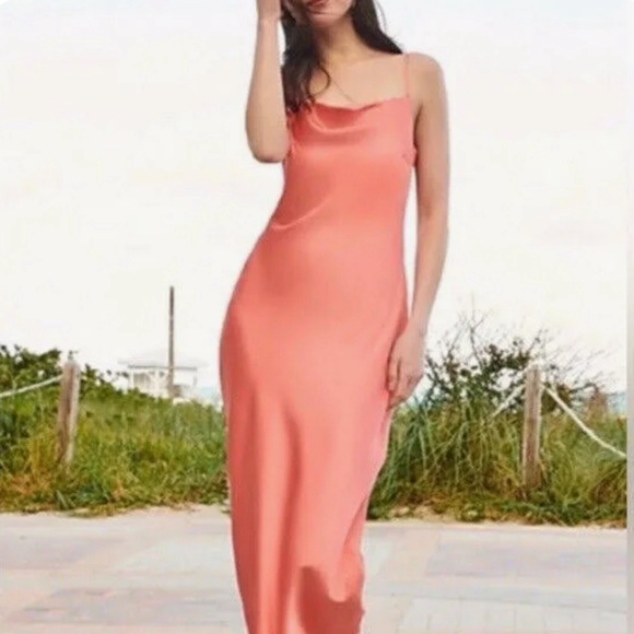 EXPRESS (PRICE DROP ⬇️). Nwt Satin Coral Slip Midi Dress From original $99 - Picture 8 of 8